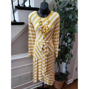Eloquii Dress Women 18 Yellow White Stripe Belted Long Sleeve Plus Casual